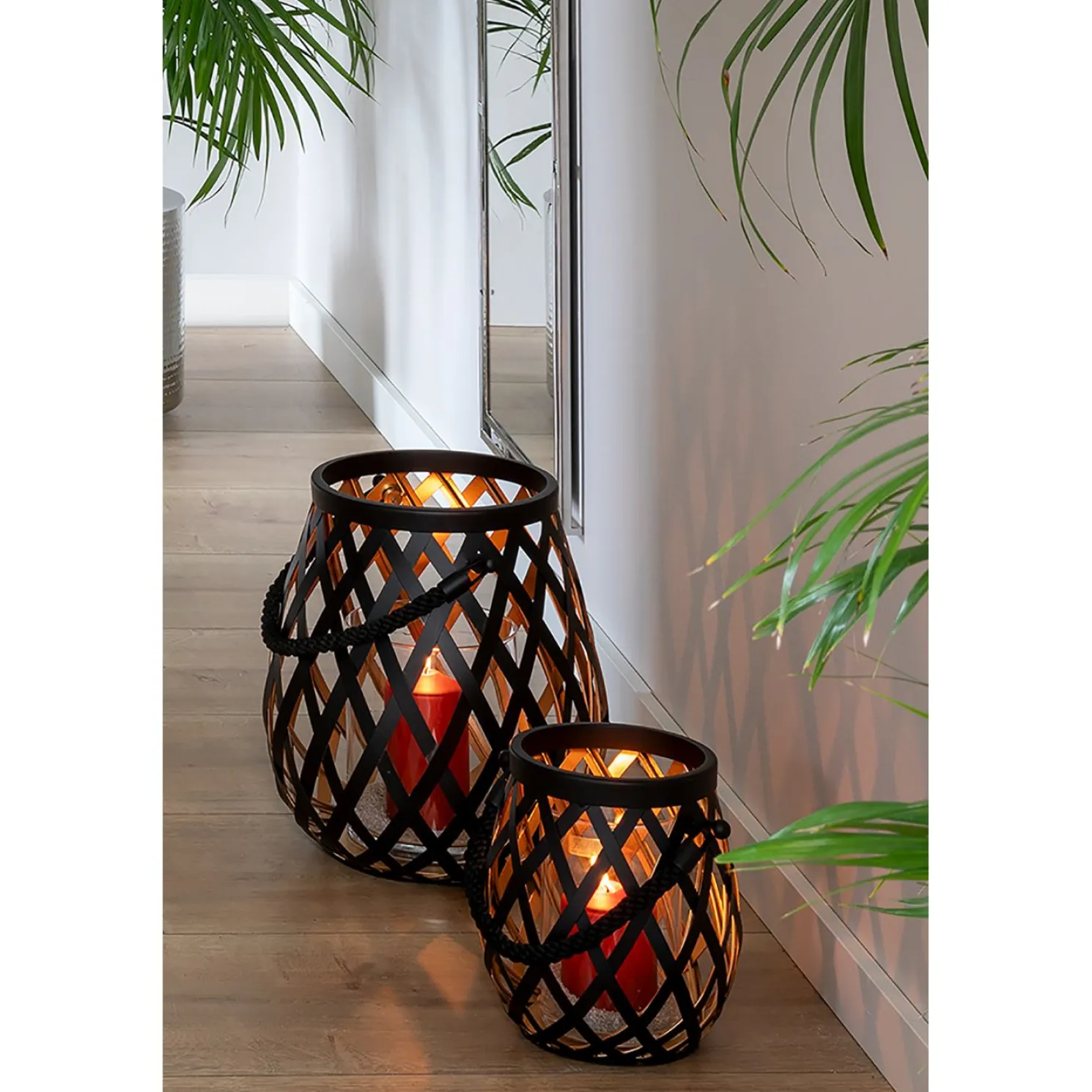 Fink Otis Korbgeflecht Laterne schwarz Ø 22 cm, Höhe 24 cm ohne Glaszylinder