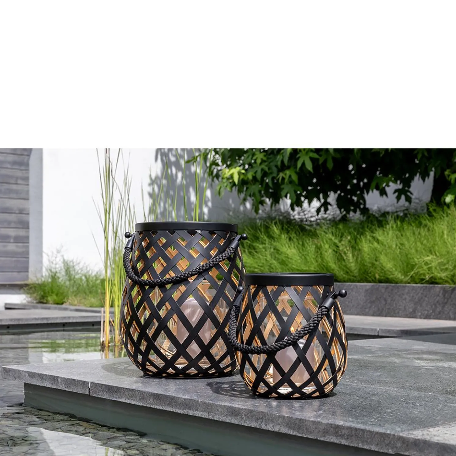 Fink Otis Korbgeflecht Laterne schwarz Ø 22 cm, Höhe 24 cm ohne Glaszylinder