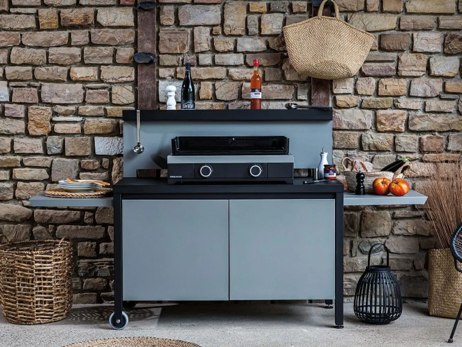 Forge Adour Fahrbarer Tisch mit 2 Seitentische, schwarz/grau