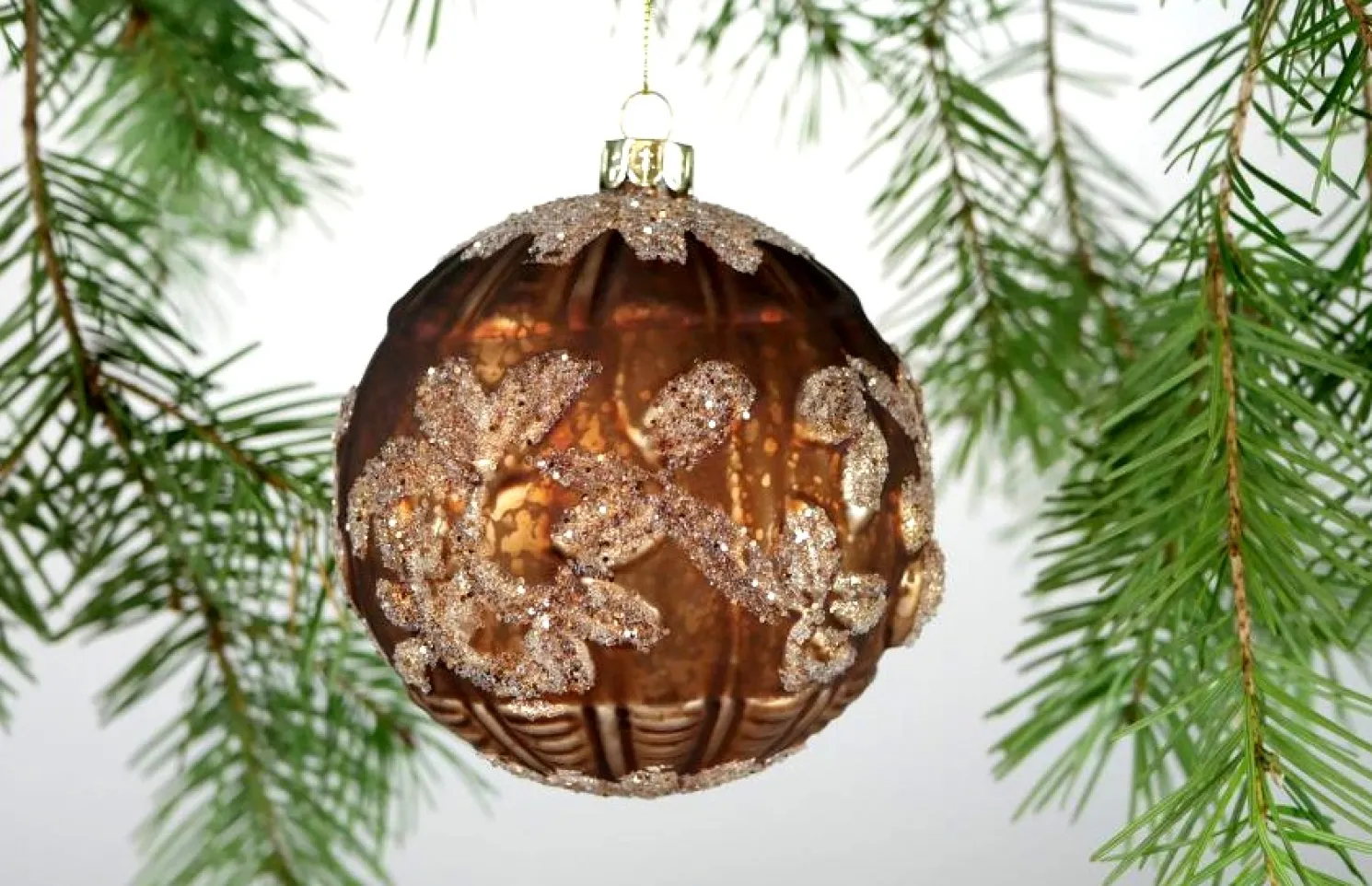 Hoff Glaskugel Ø 10 cm Braun Blätter Glitzer