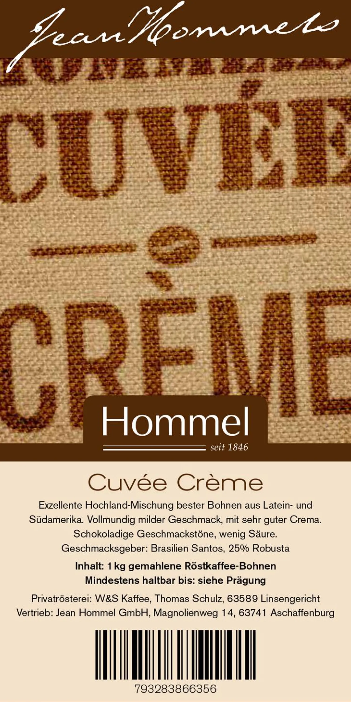 Jean Hommel Kaffee Cuvee Creme 1000g-gemahlen